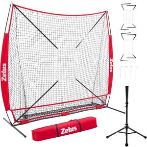 ZELUS 7x7 ft Baseball Hitting and Pitching Net with Batting Tee, 2 Strike Zone Large Ball Collection System, Portable Softball Net with Carry Bag for All Skill Levels