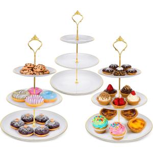 3 Pack 3 Tier Serving Tray Plastic White Cupcake Stand Tower Round Shape Tiered Dessert Serving Tray Dessert Cookie Display Stand for Tea Party, Baby Shower, Wedding, Birthday, Home Dcor