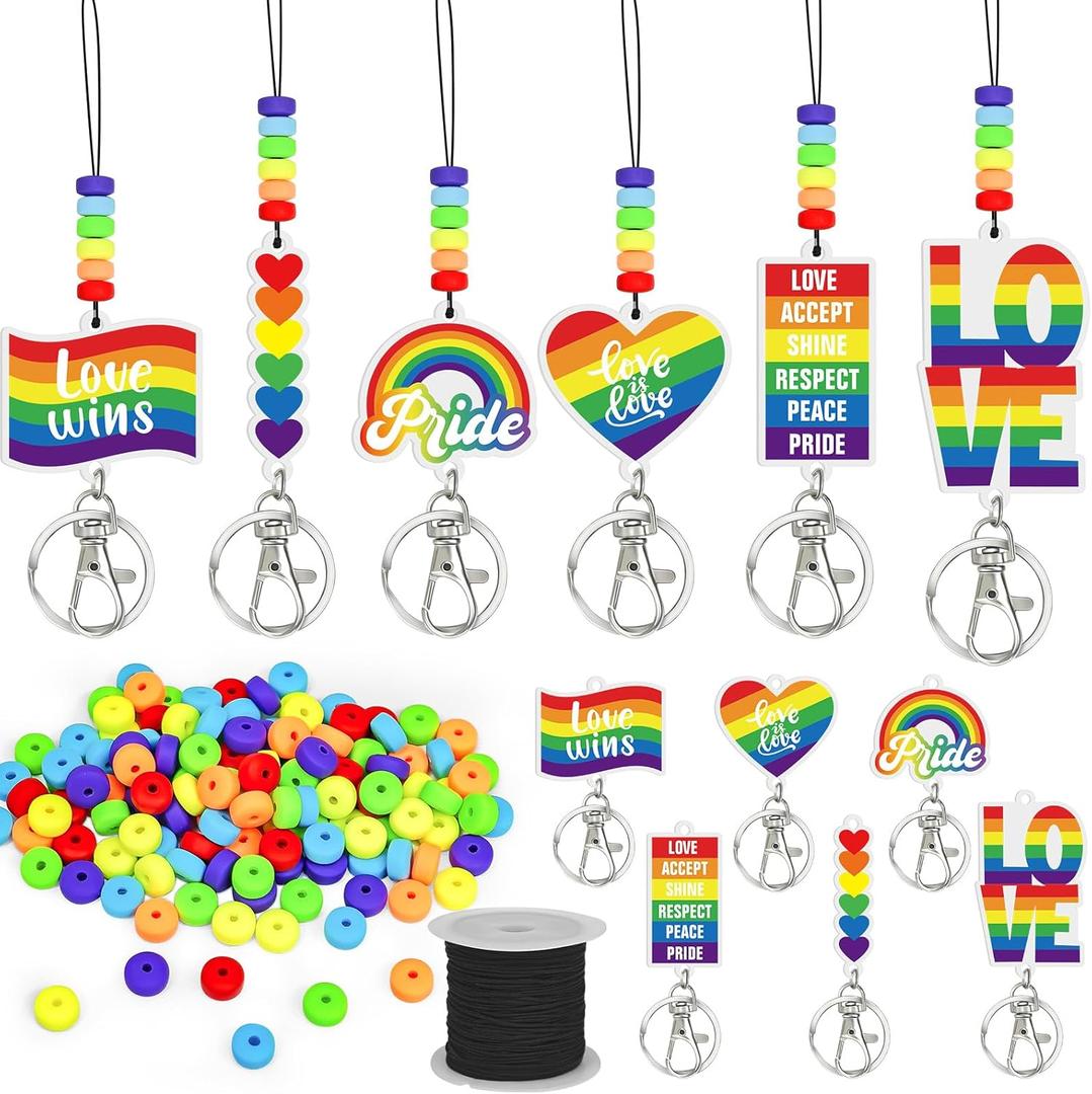 Cinrobiye 24 Pcs Rainbow Pride Keychain DIY Kit  LGBTQ+ Love Wins Acrylic Pendants, Beads & String for Gay Pride Month, Parade, Lesbian Bisexual Pansexual Festival Party Gifts & Accessories