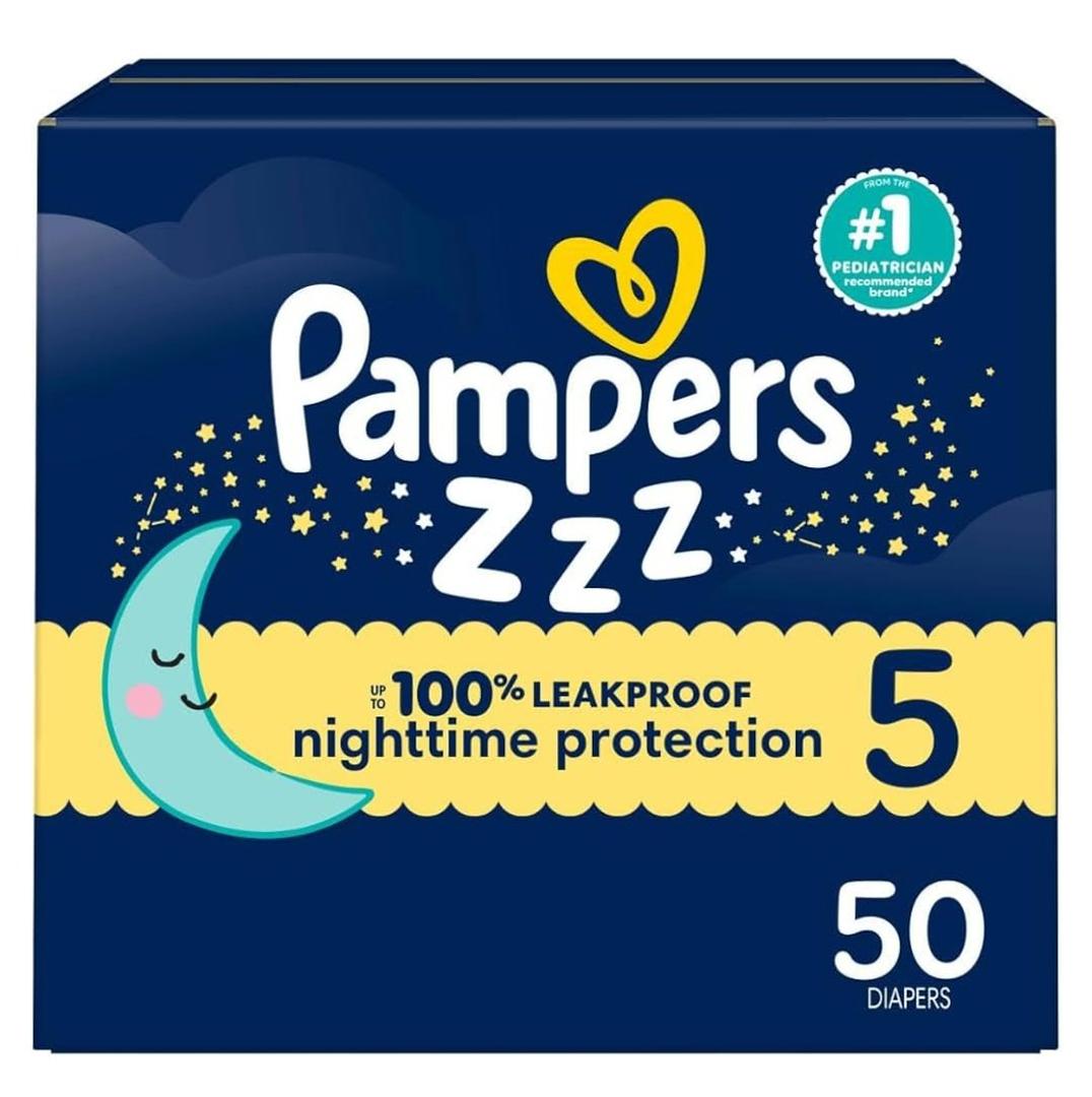 Pampers ZZZ Overnight Diapers, Size 5 (27+ lbs), 50 Count, Nighttime Protection Disposable Baby Diaper, Night Time Leak and Skin Protection
