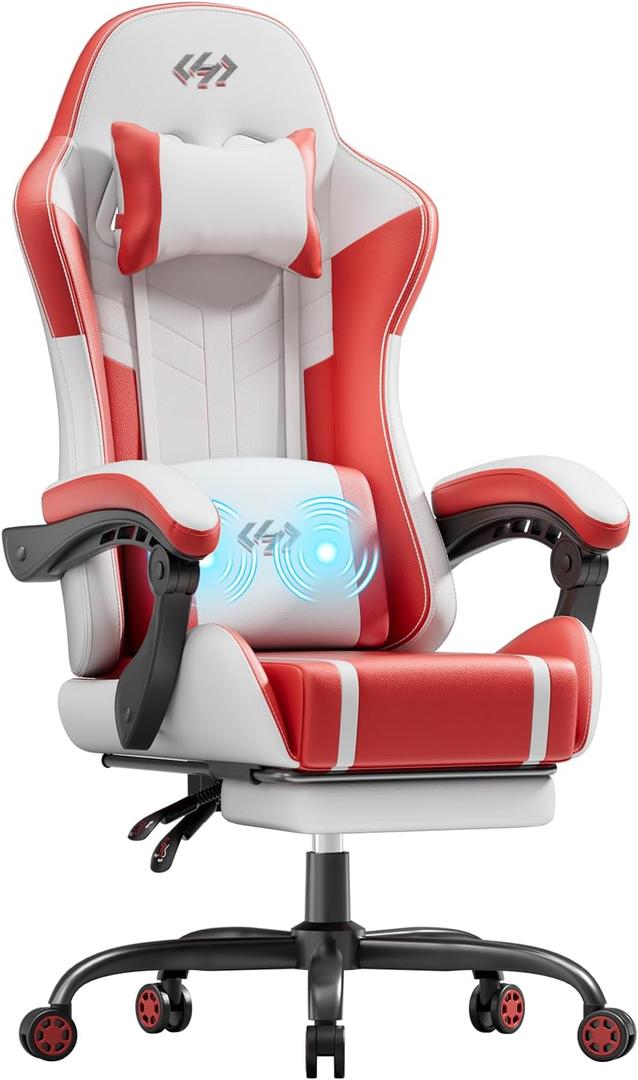 HLDIRECT High Back Gaming Chair, USB Massage Lumbar Support, White&Red, 21.7 inches x 20.9 inches x 51.2 inches