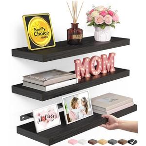 BAYKA Floating Shelves for Wall, Wall Mounted Rustic Wood Shelves for Bathroom, Bedroom, Living Room, Kitchen, Hanging Shelf for Books/Storage/Room Decor with 22lbs Capacity (Black, Set of 3, 15.7in)