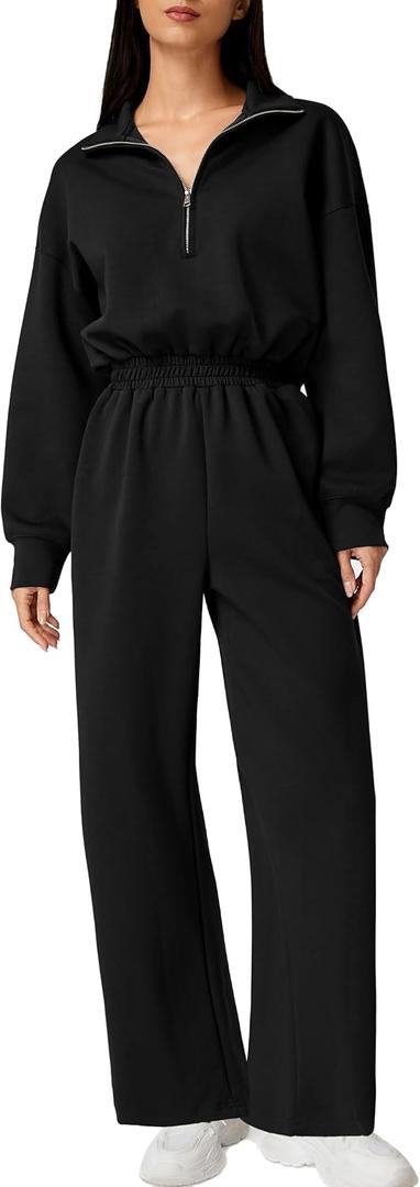 QINSEN Women's AirCotton Long-Sleeve Half-Zip High Waisted Wide Leg Jumpsuit with Peckets (Black, M)