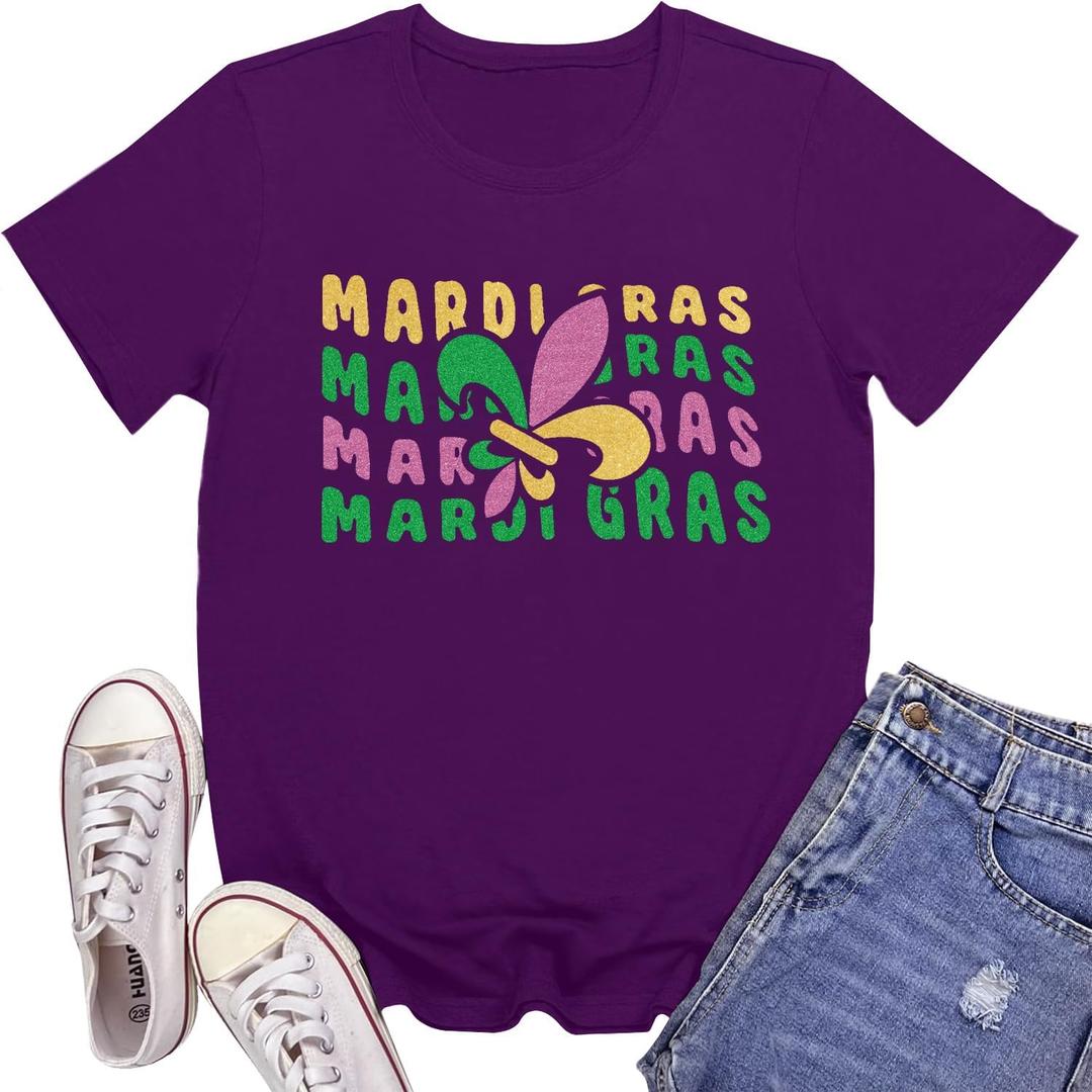 Fat Tuesday Shirts for Women Carnival T-Shirt New Orleans Party Tee Tops (Purple, XL)