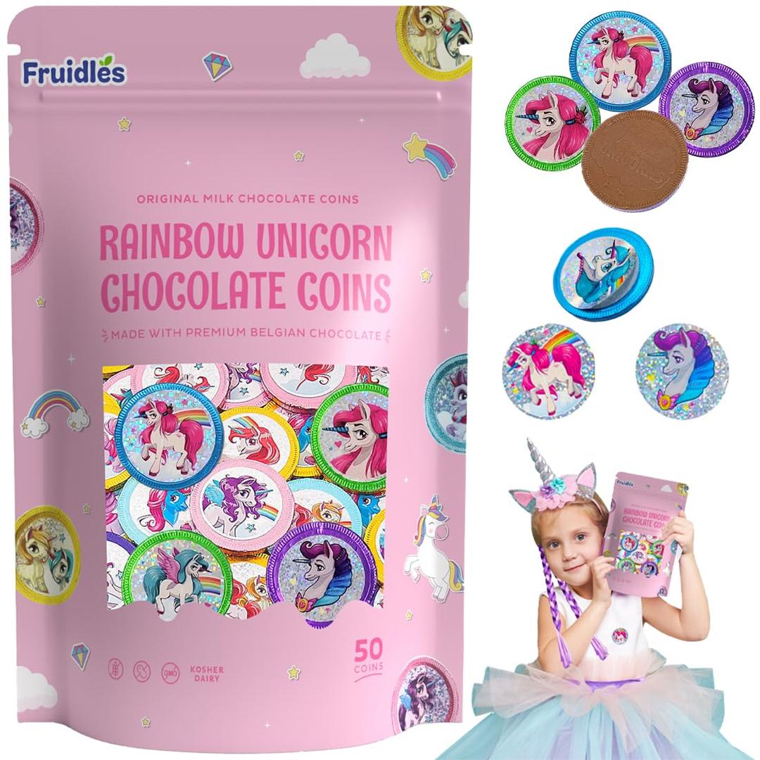 Fruidles Rainbow Unicorn Chocolate Coins With Stickers, Milk Chocolate Coins in Foil, Chocolates Kosher Certified (50 Pack) (EXP 06/08/27)
