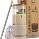 Pandaloo Glass Cups With Lids and Straws -20 Fl Oz- Perfect Size Iced Coffee Cup - Smoothie Cup With Bamboo Lid and On the go Lid (Creamy Mushroom, 1 Count (Pack of 1)