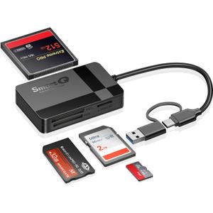 SD Card Reader, Memory Card Reader 4 in 1 USB C USB 3.0 Dual Connector Adapter Simultaneously Read SD MS CF TF Cards Supports Micro SD/Micro, Compatible with Desktops, Tablets, and USB-C Smartphones