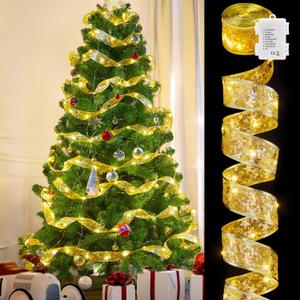 Minetom Christmas Tree Ribbon String Lights - 33ft 100 LED Battery Powered Fairy Lights with Timer and 8 Lighting Modes, Christmas Ribbon Bows Lights for 6ft - 8ft Christmas Tree New Year Decor, Gold