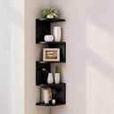 No-Drill Corner Shelf Wall Mount, 5-Tier Floating Corner Bookshelf with Hooks, Space-Saving Zigzag Plant Shelf for Bedroom, Living Room, Bathroom, Home OfficeBlack