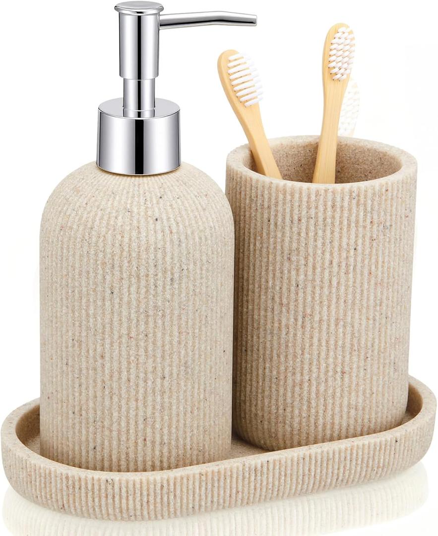 3 Pcs Toothbrush Holder, Soap Dispenser and Toothbrush Holder, Stripes Decorative Tray Set, Vanity Tray for Bathroom, Frosted Farmhouse Decor