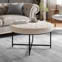 Flash Furniture Ashton 34" Round Cotton Linen Ottoman, Tufted Design, Sturdy Black Metal Frame, Adjustable Floor Glides, Versatile Use, Beige