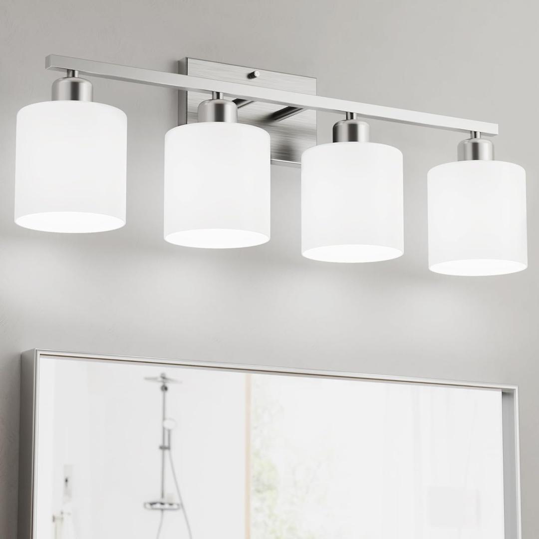 Bathroom Lights Over Mirror Brushed Nickel, Anti-Rust 4-Light Bathroom Vanity Light Fixtures, Modern 24Inches Wall Sconces E26 Base, Milky White Glass Shades, Bulbs Not Included