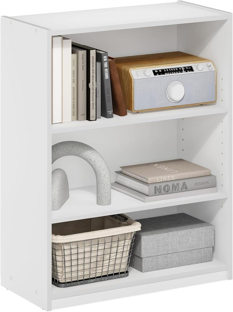 Furinno Gehry 3-Tier Bookcase, Bookshelf with Adjustable Shelves, White (3-Tier, 24.8 Inch)