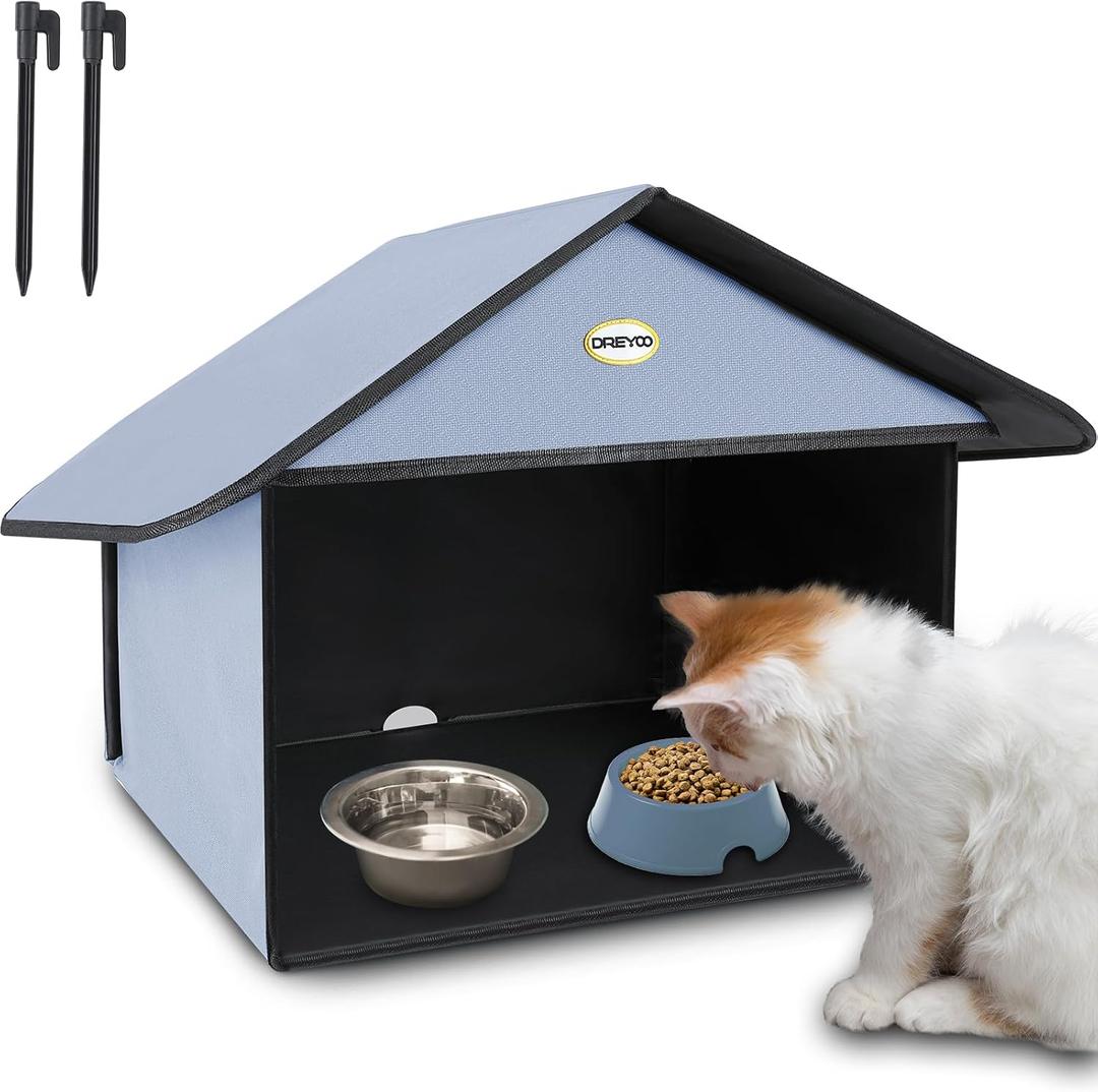 Dreyoo 1 Pack Outdoor Cat Feeding Station for Food & Water, Weatherproof Outdoor Kitty Dining Room Cat Shelter for Stray, Feral Cats and Community Cats, 13d x 17w x 15.5'h (Dusty Blue)