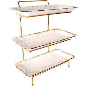 3-Tiered Serving Rack with Ceramic Tray, Foldable Gold Stand with 3-PCS 14 Inch Gold Rim Plates, for Food Display, Fruit, DessertDecoration for Parties Entertaining