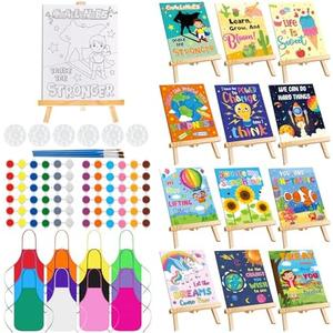Ireer 12 Set Kids Paint Party Set 8 x 10 Sip and Paint Kit Include 12 Printed Pre Drawn Canvas, Easels, Palettes, Apron 36 Brushes for DIY Art Back to School Party Birthday(Inspirational)