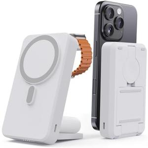 Kysson 3-in-1 Portable Charger, 10000mAh Foldable Power Bank Fast Charging,MagSafe Charger Battery Pack Magnetic,Travel Wireless Charging Station for iPhone 16/15/14/13/12,iWatch, Air pods, White