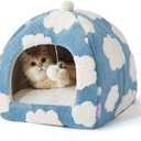 Lesure Cute Cat Beds for Indoor Cats - 2 in 1 Cat Cave Bed for Kittens and Small Pets with Removable Washable Cushioned Pillow, Cozy Kitten Tent with Non-Slip Bottom, Blue, 16 inches