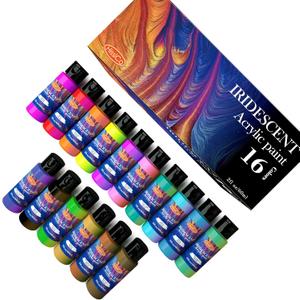 HissiCo Iridescent Acrylic Paint Set of 16 Chameleon Colors 60ml 2 OZ Bottles, High Viscosity Shimmer Paint for Artists, Beginners on Rocks, Crafts, Canvas, Wood, Fabric, Ceramic