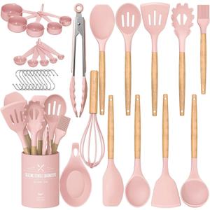 Umite Chef Silicone Kitchen Utensils Set, 33 Piece Non-Stick Kitchen Utensils with Stand, Wooden Handle, Pink