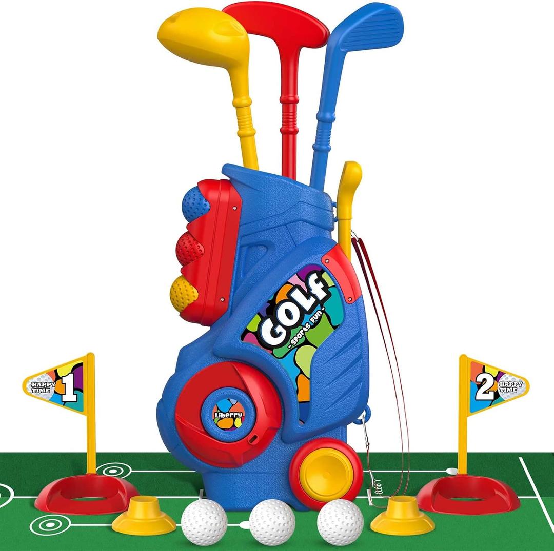 Liberry Toddler Golf Set with Putting Mat for 2 3 4 Years Old Boys Girls, Upgraded Kids Golf Cart with Unique Shoulder Strap Design, Indoor and Outdoor Golf Toys Gifts