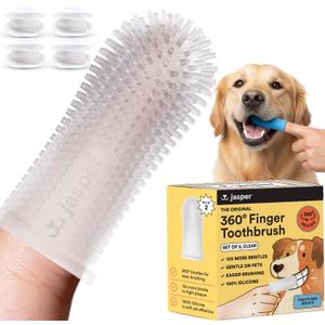 Jasper Dog Toothbrush, 360 Dog Tooth Brushing Kit, Finger Toothbrush, Cat Tooth Brush, Teeth Cleaning, Pet Tooth Brush for Small & Large Pets, Pet Toothpaste Not Included, 4-Pack Clear