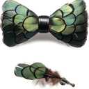 RBOCOTT Handmade Feather Pre-tied Bow tie and Brooch Sets for Men (Light Green)