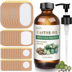 99Pcs Castor Oil Patches, Organic Cold Pressed Glass Bottle 8oz, Organic Cotton Patches Belly Button, Castor Oil Pack Wrap for Belly Button, Stomach, Self-Adhesive for Convenient Use