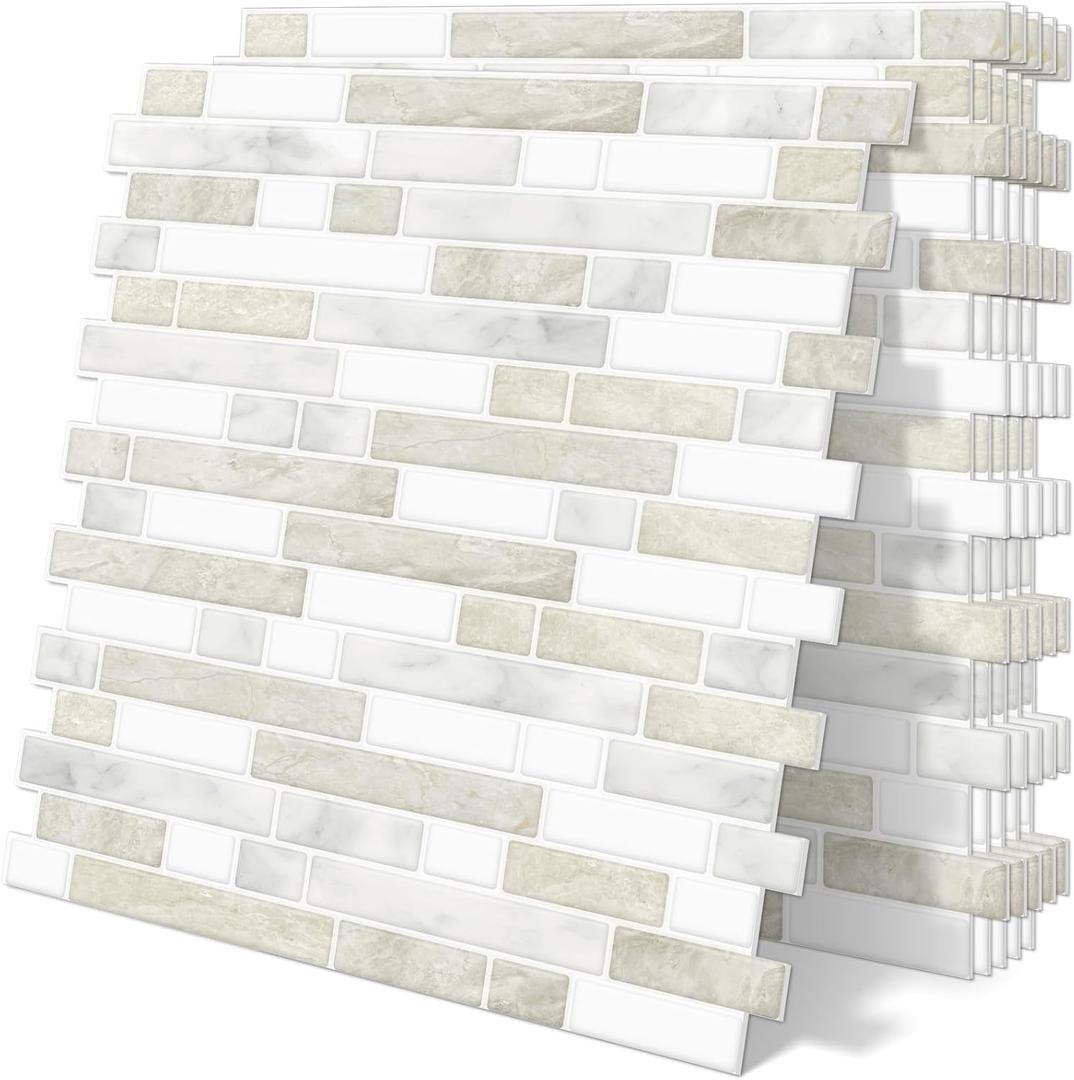Thick Kitchen Backsplash 3D Peel and Stick Tile 12"x12" Self Adhesive Sticky Marble Tiles Bathroom Wall (10-SheetBeige White)