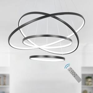 Modern LED Ring Chandelier Lighting Dimmable Ceiling Dining Room Chandeliers Contemporary Pendant Lights Living Room Cool White Light Fixtures Hanging 4 Ring Foyer Bedroom Black