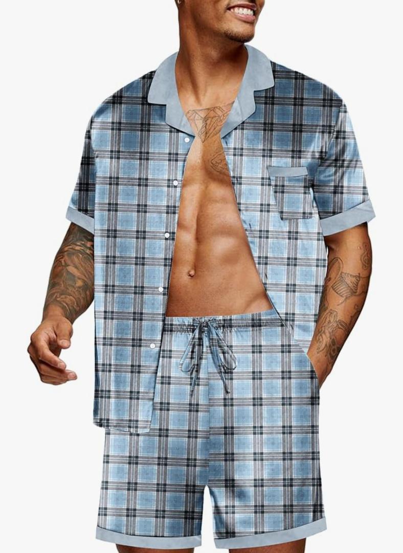 Ekouaer Men Satin Silk Pajamas Set with Pockets Sleepwear Shorts Satin Summer Loungewear 2 Piece Button Down Set S-3XL Size 2XL