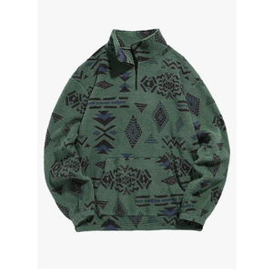 Men 1/4 Zipper Sweatshirt Ethnic Aztec Printed Kangaroo Pocket Fall Winter Pullovers Jacket Unisex Hoodie Tops Size XL