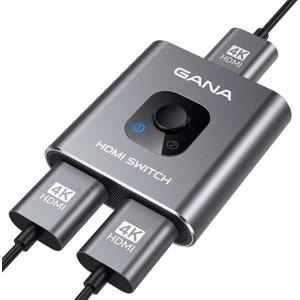 HDMI Switch 4k@60hz Splitter, GANA Aluminum Bidirectional HDMI Switcher 2 in 1 Out, Manual HDMI Hub Supports HD Compatible with Xbox PS5/4/3 Blu-Ray Player Fire Stick Roku (Grey (No Cable))