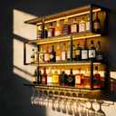 47.2IN Large Wall Mounted Wine Rack with LED Light,Metal 4 Tier Floating Wine Shelf with Glass Holder,Industrial Bar Shelf Wall Mounted Liquor Shelf Wall Mounted for Home Bar (Black 47.2in/120cm)