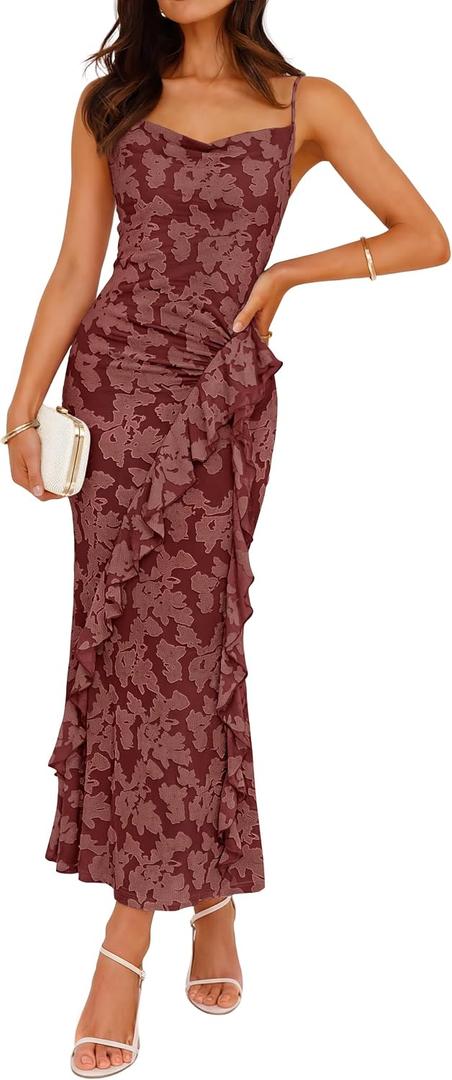 ZESICA Women's Summer Floral Sleeveless Bodycon Dress 2026 Square Neck Ruched Wedding Guest Party Maxi Dresses (M)
