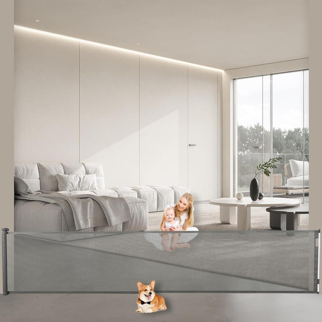 FAHKNS 177" Retractable Baby Gate, Folding Security Gates for Kids, Extra Wide Mesh Barrier Door for Dogs, Useful Safety Gates for Stair, Hallways, Kitchens, Indoor, Outdoor, Bedrooms, Grey (4.5M/177in)