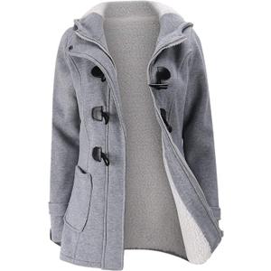 JiangWu Womens Fashion Horn Button Fleece Thicken Coat with Hood Winter Warm Jacket (Large, Light-gray)