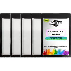 5CT Magnetic Card Holders - 35pt One Touch Card Holder | U-V Protection Hard Plastic Case for Trading Cards | Baseball Card Holders - Glossy, HD Clear, Diamond Egde Gold Magnet - JET BLACK
