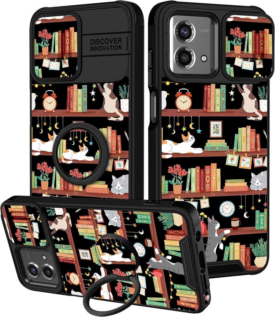 For Moto G Stylus 5G 2023 Case - Women Girls Cute Phone Cover Girly Pretty Aesthetic Cat and Books Unique Design with Camera Cover and Ring Stand Funda for Motorola G Stylus 5G 2023