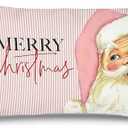 Likjad Christmas Pillowcase 12x20, with a Pink Striped Background and a Pink-clad Santa Figure, Suitable for Decorating a Girl's Room or Sofa.