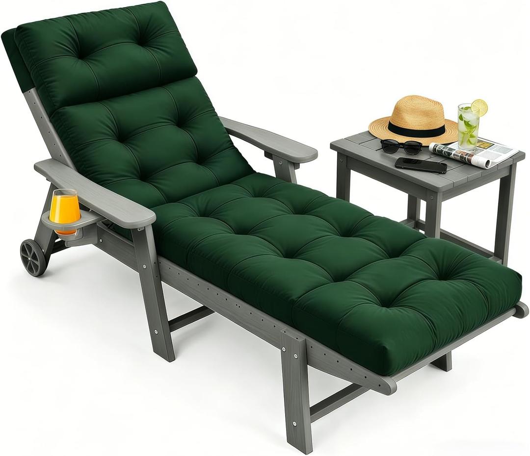 Chaise Lounge Cushion Outdoor, Waterproof Thick Patio Lounge Chair Cushion with Ties, Oxford Fabric Cotton Filled Replacement for Patio, Pool, Lawn, Balcony, 74.4x22x4.7 Inch Green