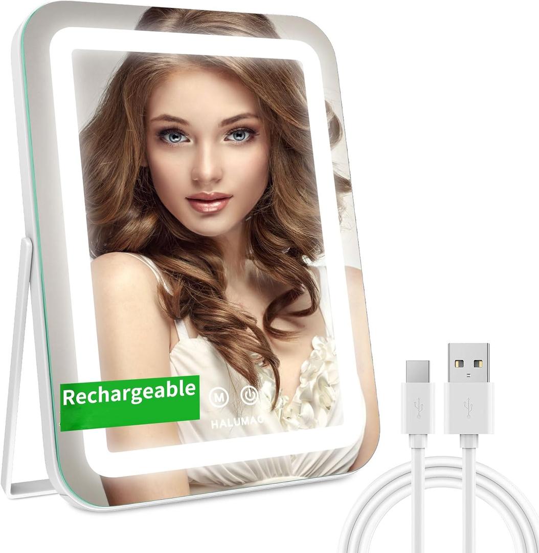 halumao 14.5" Rechargeable Vanity Mirror with Lights, 3500 mAh Lighted Makeup Mirror, Smart Touch 3 Colors Dimmable, Tabletop Mirror for Makeup Desk, Memory Function