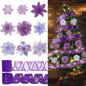 RECUTMS Christmas Glitter Tree Ornaments Christmas Snowflake Flower Poinsettias Xmas Purple Glitter Artificial Flowers with Ribbon for Wreath Xmas Tree Ornament Wedding Party Decor(Purple)