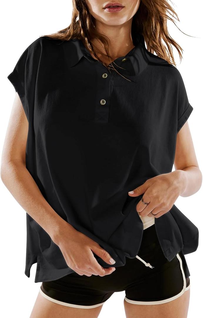 LASLULU Women's Polo Shirts Short Sleeve Oversized T Shirts Summer Casual Work Workout Gym Hiking Tops (Black S)