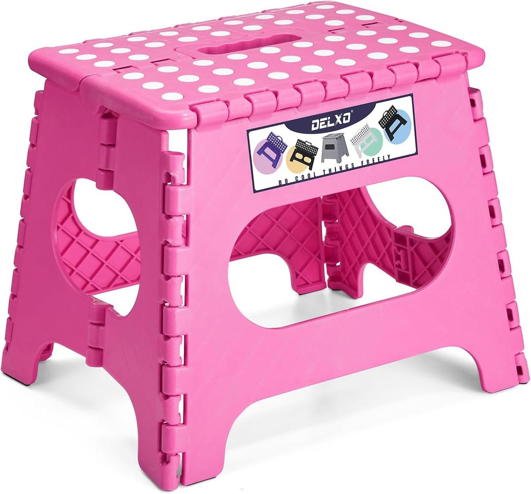 Delxo Folding Step Stool,11 Inch Non-Slip Foldable Step Stools for Kids and Adult, Portable Lightweight Small Folding Stool with Handle for Kitchen Bathroom in Pink,1 Pack