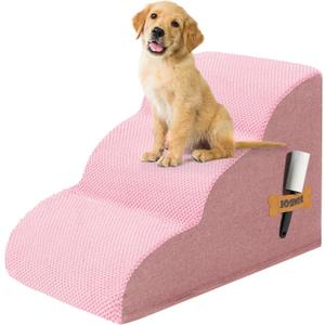 Romrol Dog Stairs Ramp for High Beds Couches, High Density Foam Pet Steps with Durable Non-Slip Waterproof Fabric Cover, Dog Stairs for Small Dogs or Cats or Pets, 3-Step,15 Inch,Pink