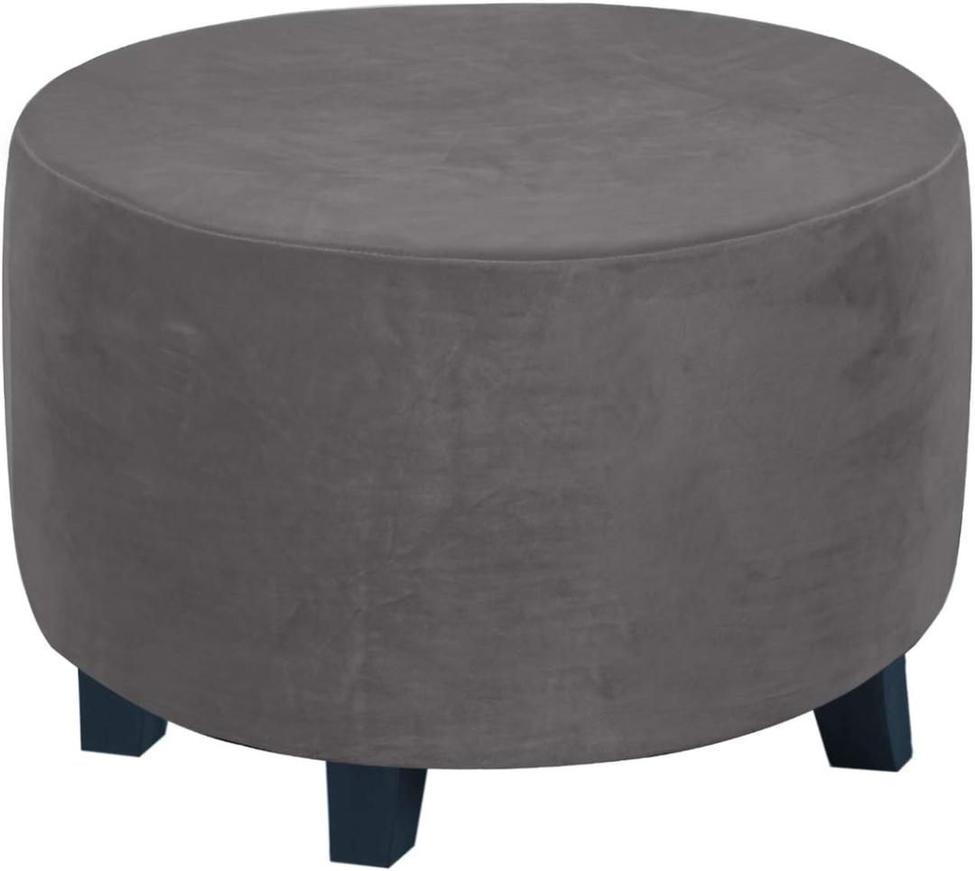 H.VERSAILTEX Round Ottoman Slipcover Ottoman Covers Slipcover Footstool Protector Covers Storage Stool Ottoman Covers Stretch with Elastic Bottom, Feature Real Velvet Plush Fabric (Medium, Gray)