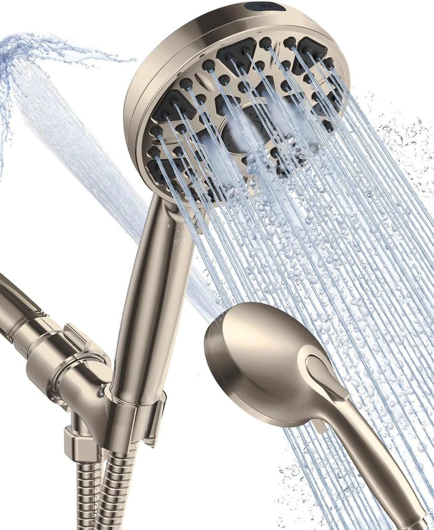Shower Head With Handheld 7 Settings High Pressure, Built-in Power Wash to Clear Tub, Tile & Pets, 5" High Powerful Hand Held Rain Showerhead with Stainless Steel Hose and Adjustable Bracket (Nickel)
