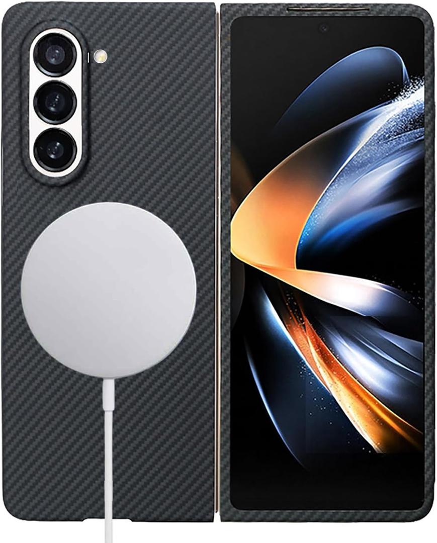 Aramid Fiber Case for Samsung Galaxy Z Fold 5 5G Compatible with MagSafe, Black 600D with Carbon Fiber Texture, Super Slim Protective Cover Skin, Soft Touch Sturdy Durable Snap-on Back Cover