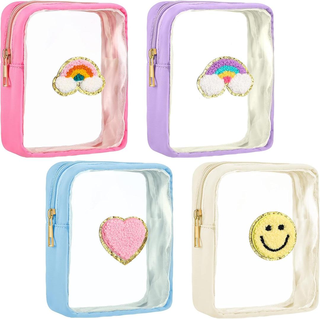 Spiareal 4 Pcs Preppy Patch Makeup Bag Cute Chenille Letter Pouch Cosmetic Toiletry Bag with Zipper Travel Organizer Stuff Skincare Cases for Women Nurse Graduation(Transparent Surface)